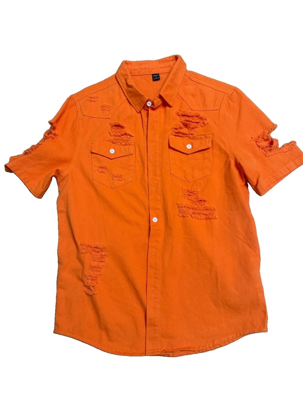 Manfinity Men’s Orange Distressed Denim Short Sleeve Button-Up Shirt Size S